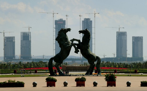 A general view shows the main square in the city centre of Ordos, Inner Mongolia on September 12, 2011. The city which is commonly referred to as a "Ghost Town" due to it's lack of people, is being built to house 1.5 million inhabitants and has been dubbed as the "Dubai of China" by locals. AFP PHOTO/Mark RALSTON (Photo credit should read MARK RALSTON/AFP/Getty Images)