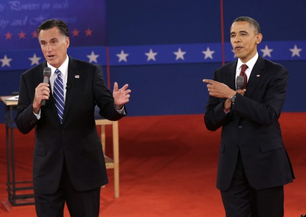 President Barack Obama and Republican presidential nominee Mitt Romney exchange views during the second presidential debate at Hofstra University, Tuesday, Oct. 16, 2012, in Hempstead, N.Y. (AP Photo/Eric Gay)